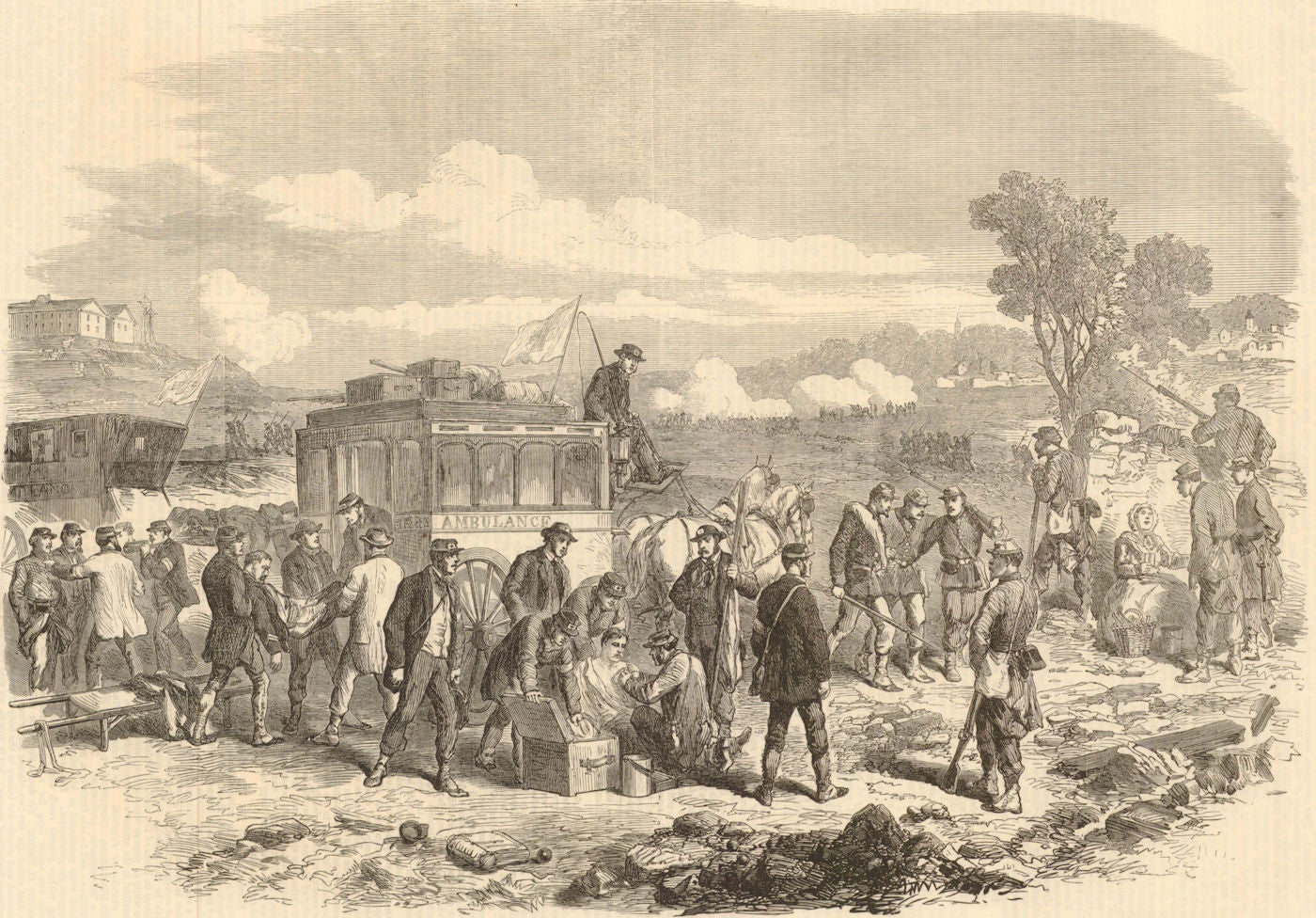 Defence of Paris: Ambulance Internationale tending wounded soldiers 1870 print